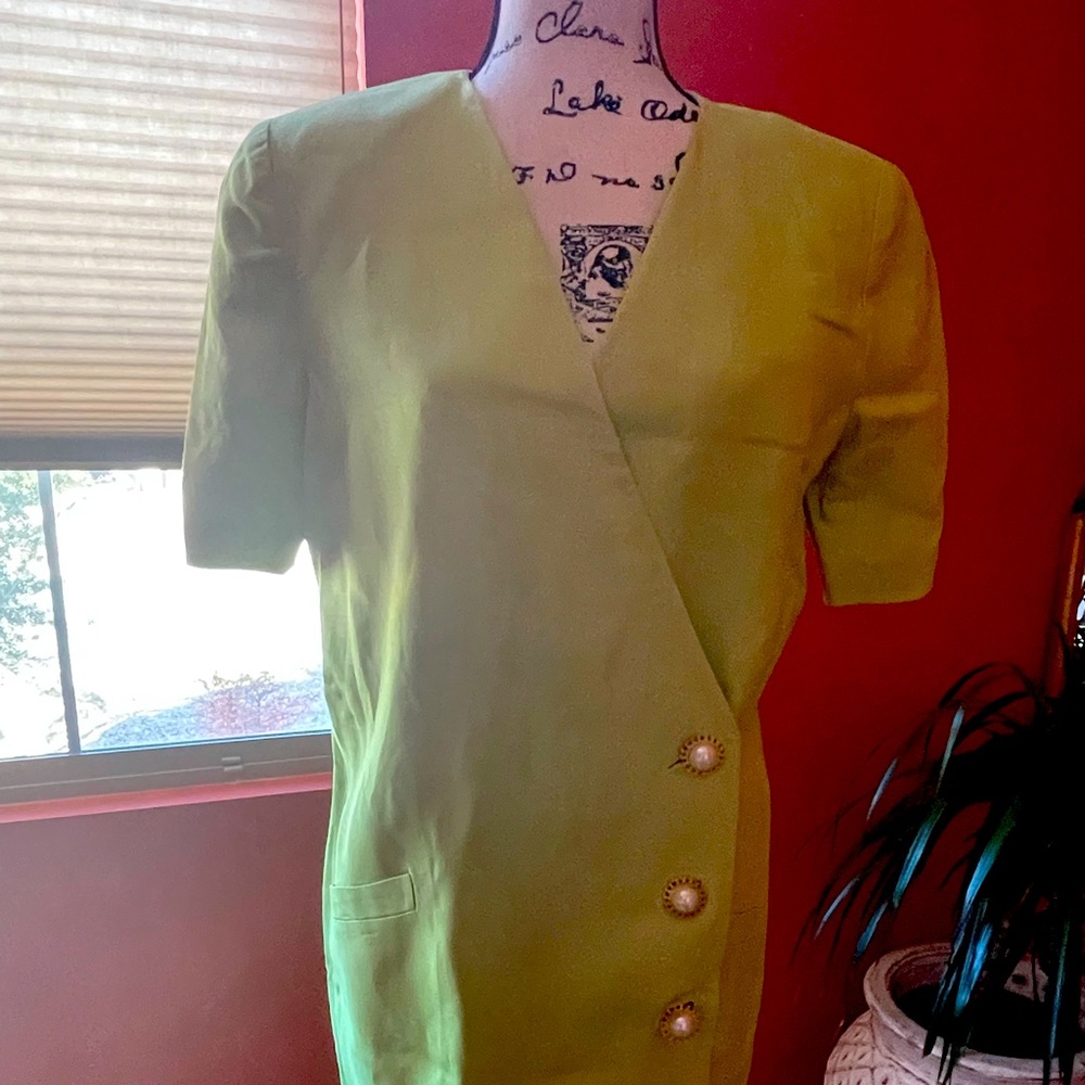 Vintage TeriJon Lime green linen dress with side daisy buttons